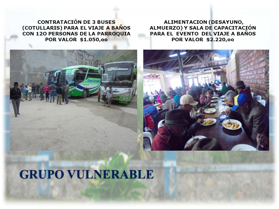 CONTRATACIÓN DE 3 BUSES (COTULLARIS) PARA EL VIAJE A BAÑOS CON 12O PERSONAS DE LA PARROQUIA POR VALOR $1.050,oo
