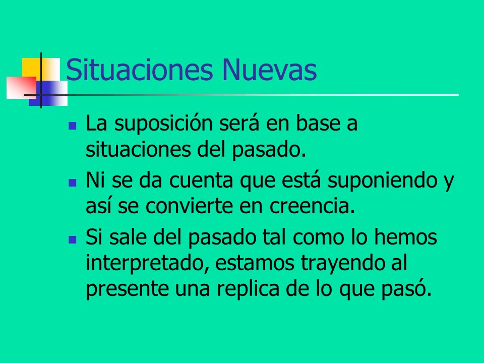 Situaciones Nuevas La suposición será en base a situaciones del pasado. Ni se da cuenta que está suponiendo y así se convierte en creencia.