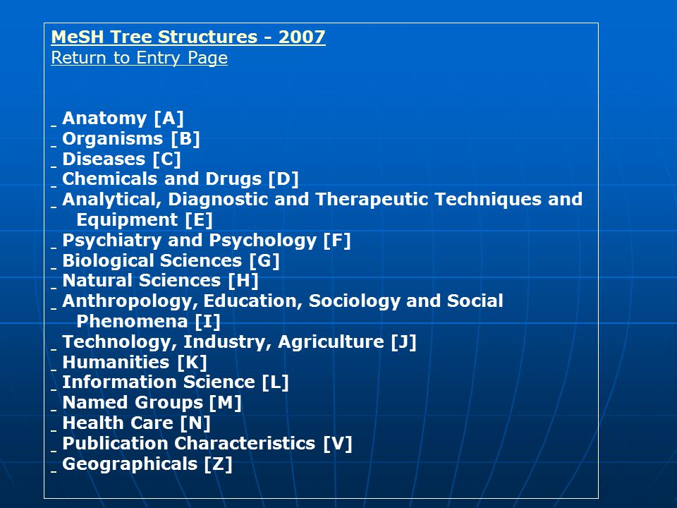 MeSH Tree Structures Return to Entry Page. Anatomy [A] Organisms [B] Diseases [C] Chemicals and Drugs [D]