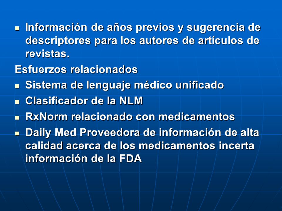 Información de años previos y sugerencia de descriptores para los autores de artículos de revistas.