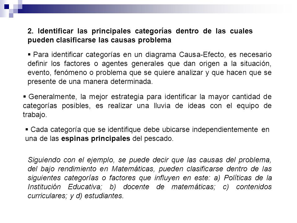 2. Identificar las principales categorías dentro de las cuales pueden clasificarse las causas problema