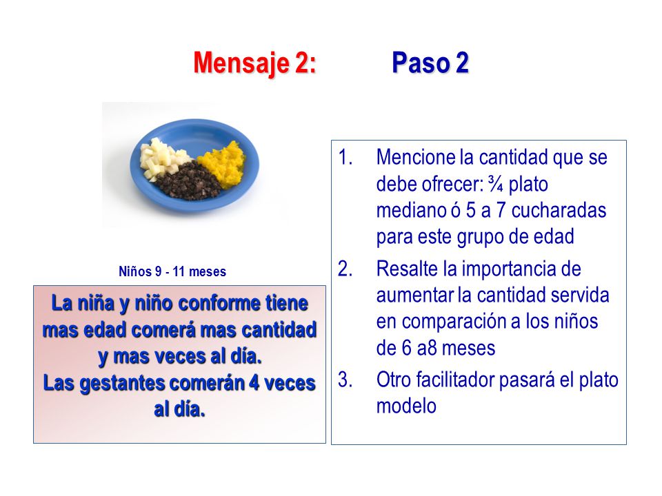 Mensaje 2: Paso 2 Mencione la cantidad que se debe ofrecer: ¾ plato mediano ó 5 a 7 cucharadas para este grupo de edad.