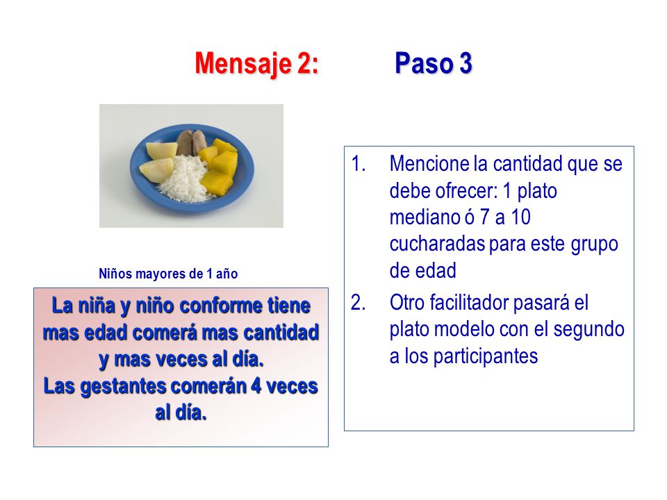 Mensaje 2: Paso 3 Mencione la cantidad que se debe ofrecer: 1 plato mediano ó 7 a 10 cucharadas para este grupo de edad.