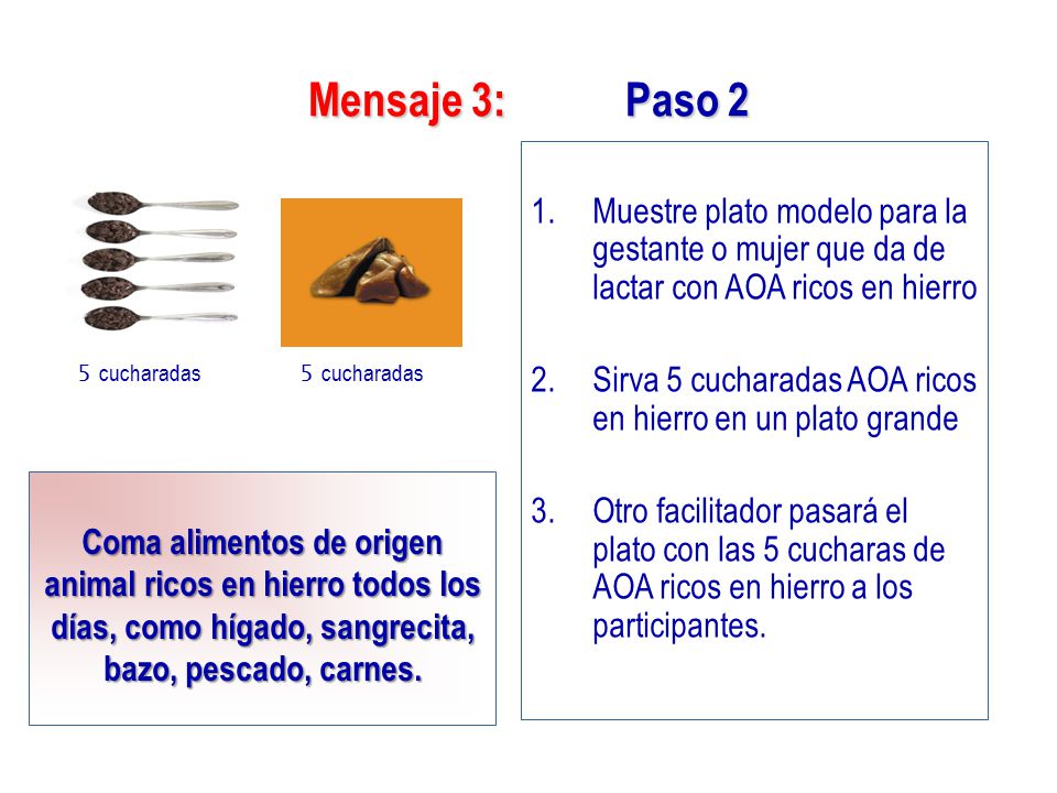 Mensaje 3: Paso 2 Muestre plato modelo para la gestante o mujer que da de lactar con AOA ricos en hierro.