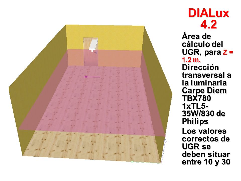 DIALux 4.2 Área de cálculo del UGR, para Z = 1.2 m. Dirección transversal a la luminaria Carpe Diem TBX780 1xTL5-35W/830 de Philips.