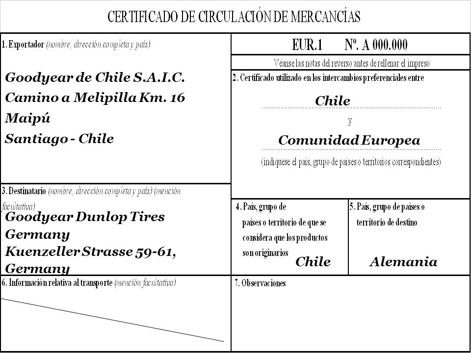 Goodyear de Chile S.A.I.C. Camino a Melipilla Km. 16. Maipú. Santiago - Chile. Chile. Comunidad Europea.