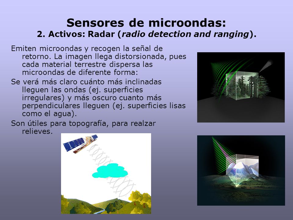 Sensores de microondas: 2. Activos: Radar (radio detection and ranging).