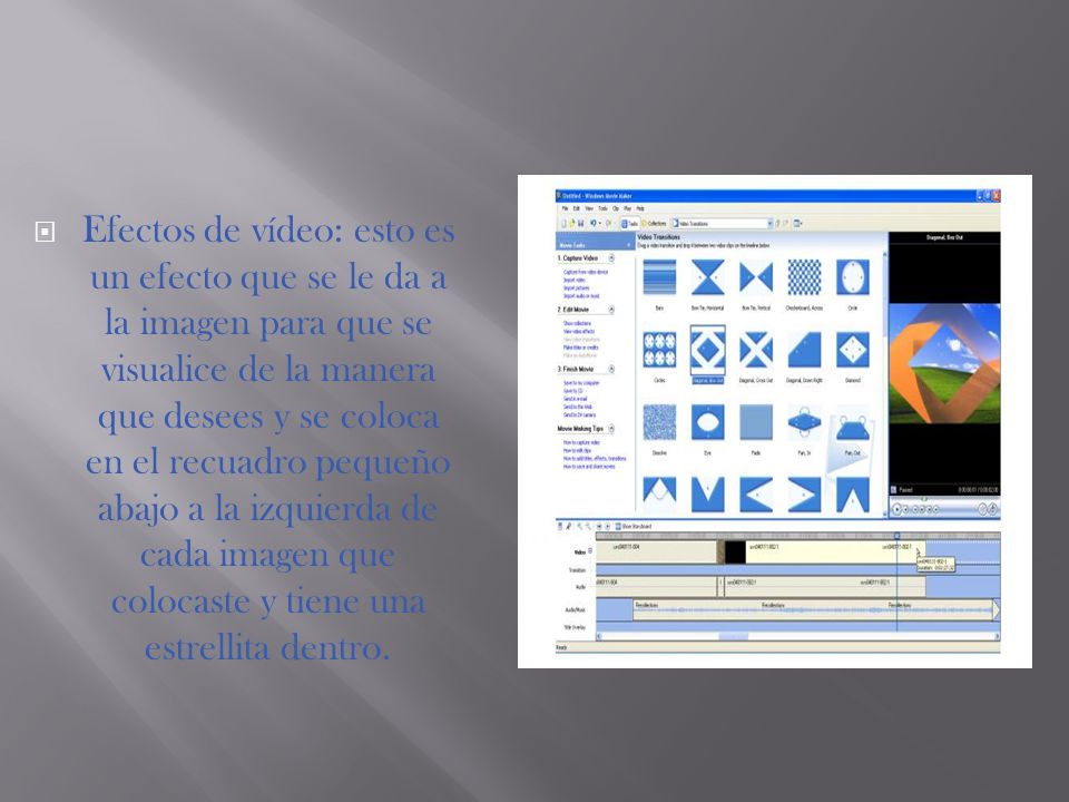 Efectos de vídeo: esto es un efecto que se le da a la imagen para que se visualice de la manera que desees y se coloca en el recuadro pequeño abajo a la izquierda de cada imagen que colocaste y tiene una estrellita dentro.
