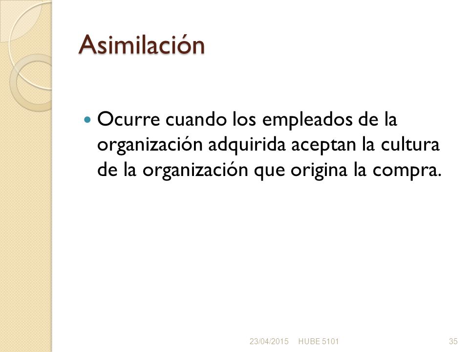 Asimilación Ocurre cuando los empleados de la organización adquirida aceptan la cultura de la organización que origina la compra.