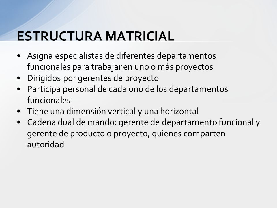 ESTRUCTURA MATRICIAL Asigna especialistas de diferentes departamentos funcionales para trabajar en uno o más proyectos.