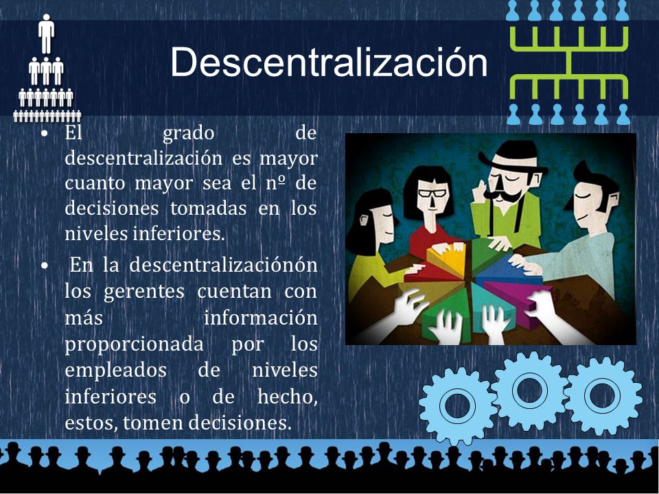 Descentralización El grado de descentralización es mayor cuanto mayor sea el nº de decisiones tomadas en los niveles inferiores.