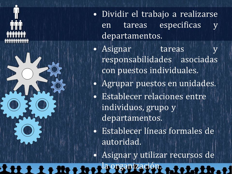 Dividir el trabajo a realizarse en tareas especificas y departamentos.