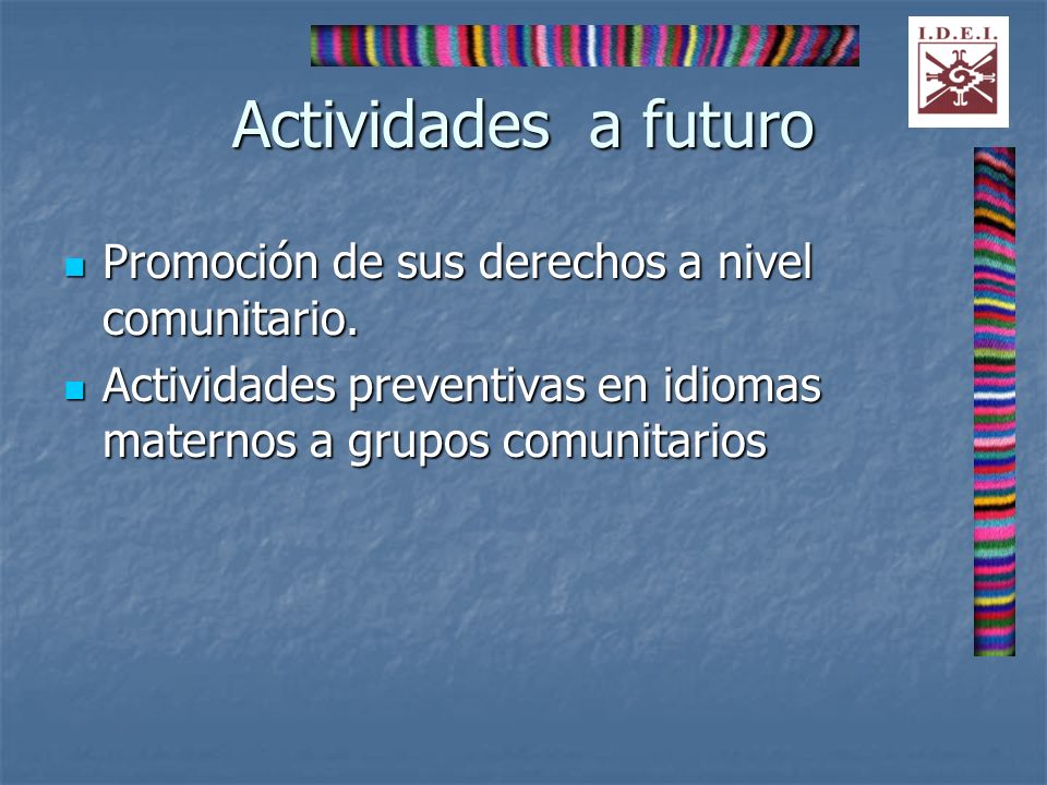 Actividades a futuro Promoción de sus derechos a nivel comunitario.