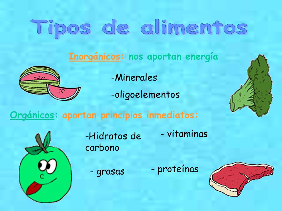 Tipos de alimentos Inorgánicos: nos aportan energía Minerales