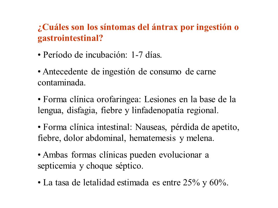 ¿Cuáles son los síntomas del ántrax por ingestión o gastrointestinal