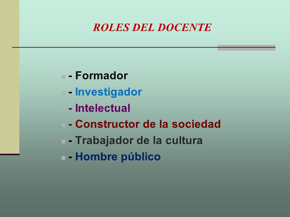 ROLES DEL DOCENTE - Formador. - Investigador. - Intelectual. - Constructor de la sociedad. - Trabajador de la cultura.