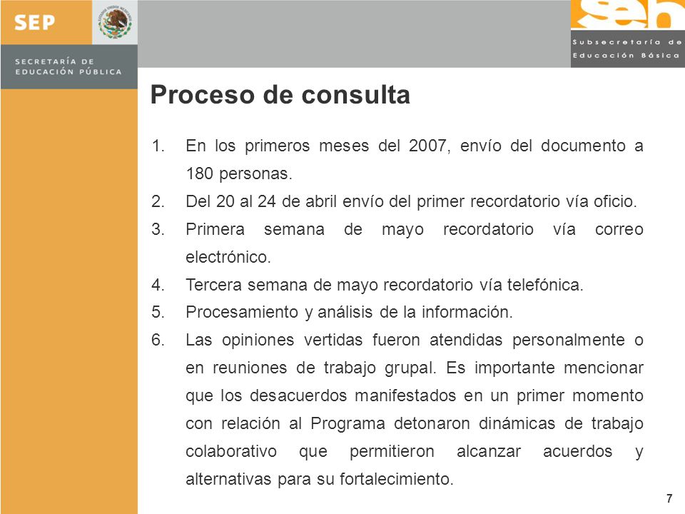 Proceso de consulta En los primeros meses del 2007, envío del documento a 180 personas.