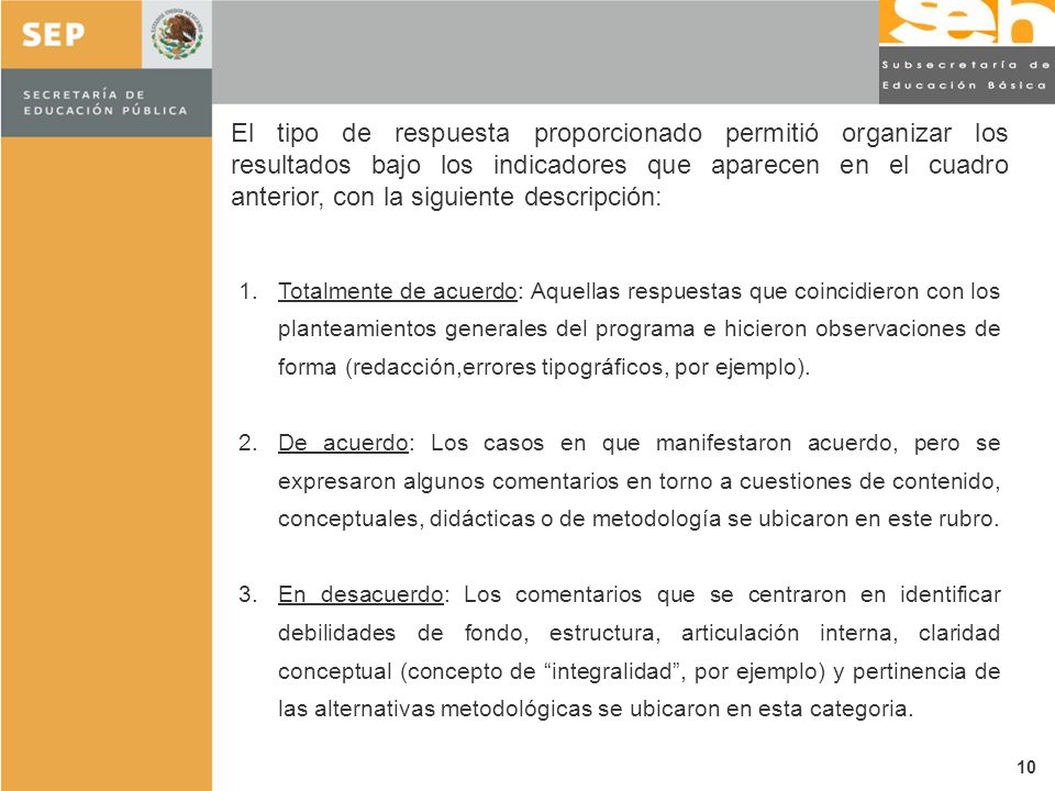 El tipo de respuesta proporcionado permitió organizar los resultados bajo los indicadores que aparecen en el cuadro anterior, con la siguiente descripción: