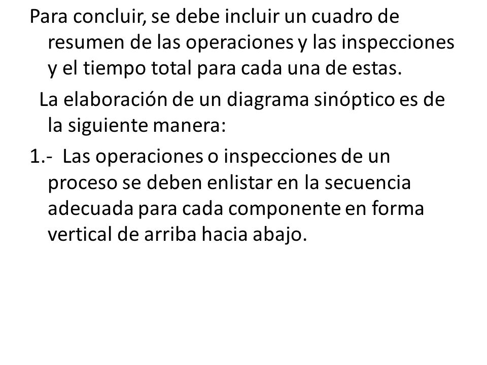 Para concluir, se debe incluir un cuadro de resumen de las operaciones y las inspecciones y el tiempo total para cada una de estas.