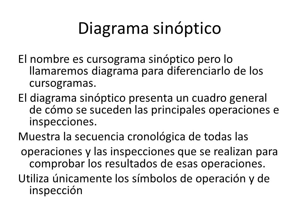 Diagrama sinóptico El nombre es cursograma sinóptico pero lo llamaremos diagrama para diferenciarlo de los cursogramas.