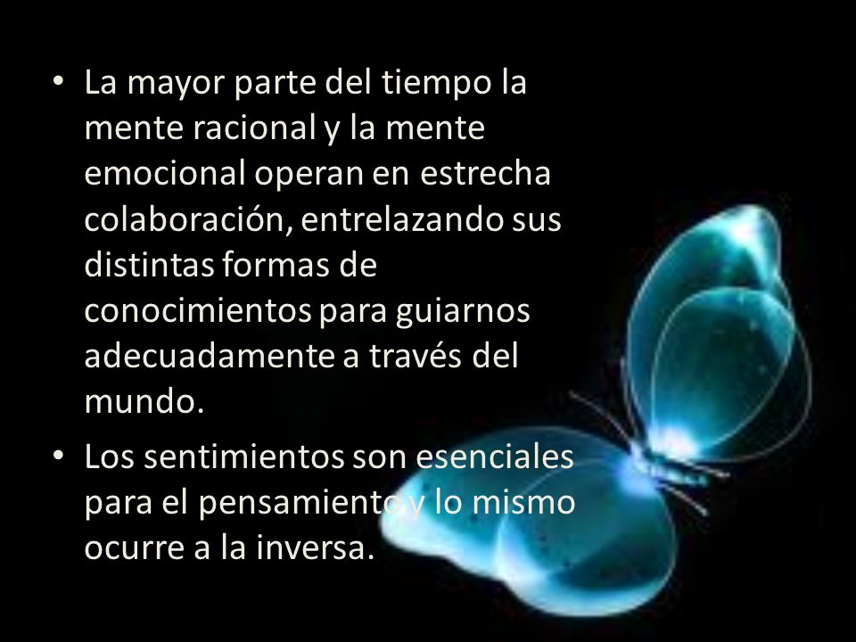 La mayor parte del tiempo la mente racional y la mente emocional operan en estrecha colaboración, entrelazando sus distintas formas de conocimientos para guiarnos adecuadamente a través del mundo.