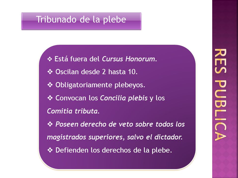Res publica Tribunado de la plebe Oscilan desde 2 hasta 10.