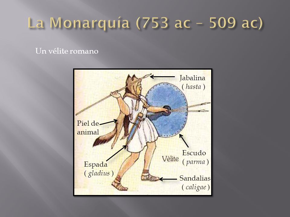 La Monarquía (753 ac – 509 ac) Un vélite romano Jabalina ( hasta )