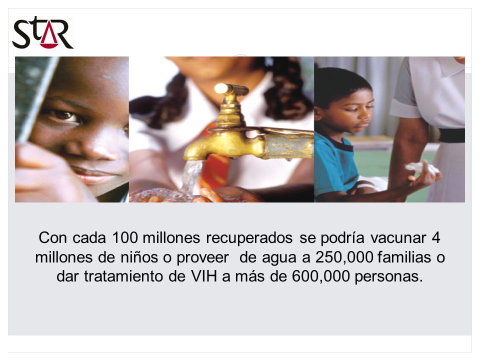 Con cada 100 millones recuperados se podría vacunar 4 millones de niños o proveer de agua a 250,000 familias o dar tratamiento de VIH a más de 600,000 personas.