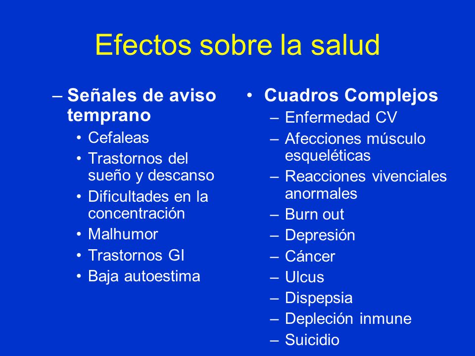 Efectos sobre la salud Señales de aviso temprano Cuadros Complejos