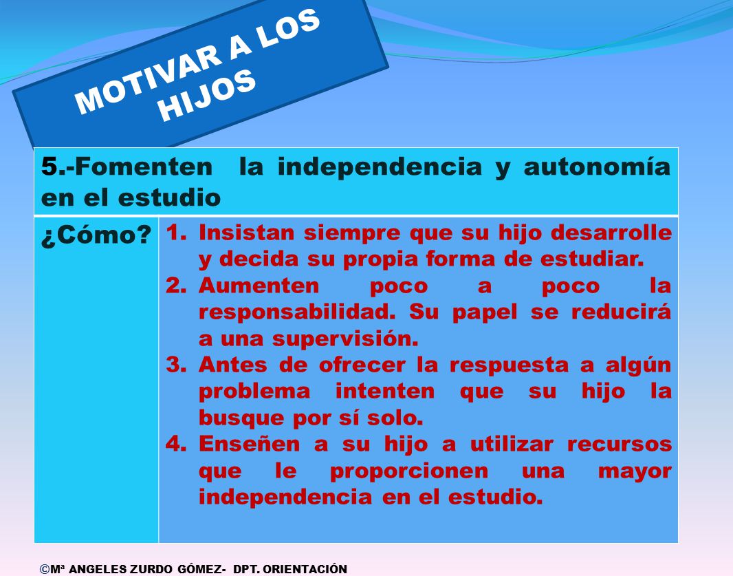 MOTIVAR A LOS HIJOS 5.-Fomenten la independencia y autonomía en el estudio. ¿Cómo