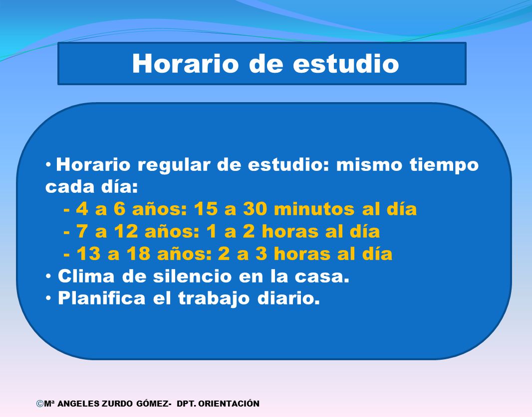 Horario de estudio Horario regular de estudio: mismo tiempo cada día: