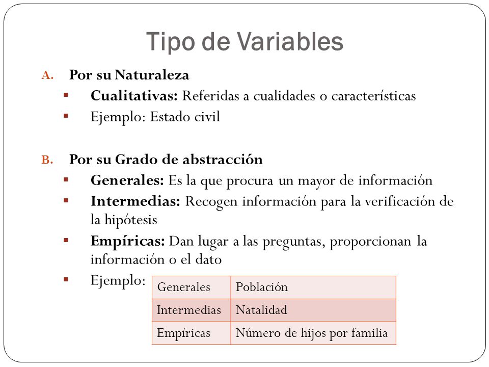 Tipo de Variables Por su Naturaleza. Cualitativas: Referidas a cualidades o características. Ejemplo: Estado civil.