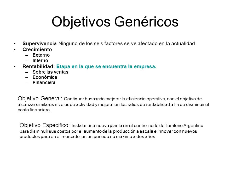 Objetivos Genéricos Supervivencia Ninguno de los seis factores se ve afectado en la actualidad. Crecimiento.