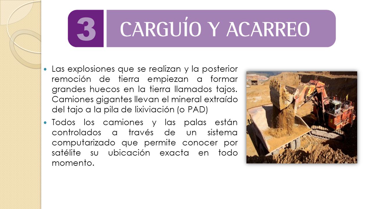 Las explosiones que se realizan y la posterior remoción de tierra empiezan a formar grandes huecos en la tierra llamados tajos. Camiones gigantes llevan el mineral extraído del tajo a la pila de lixiviación (o PAD)