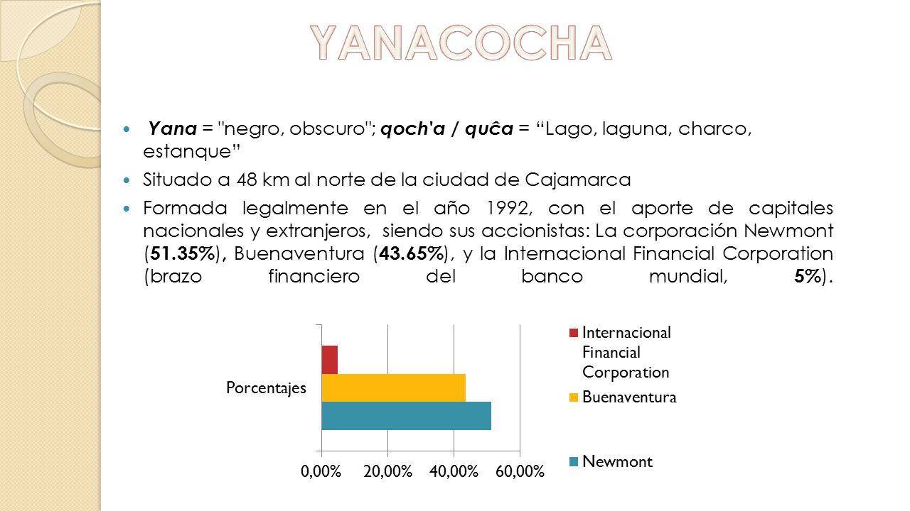 YANACOCHA Yana = negro, obscuro ; qoch a / quĉa = Lago, laguna, charco, estanque Situado a 48 km al norte de la ciudad de Cajamarca.