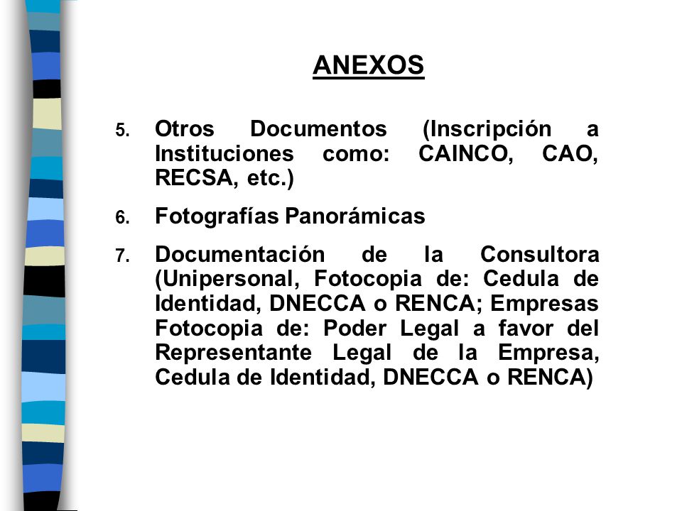 ANEXOS Otros Documentos (Inscripción a Instituciones como: CAINCO, CAO, RECSA, etc.) Fotografías Panorámicas.
