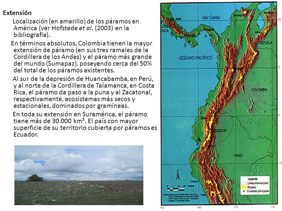 Extensión. Localización (en amarillo) de los páramos en América (ver Hofstede et al. (2003) en la bibliografía).