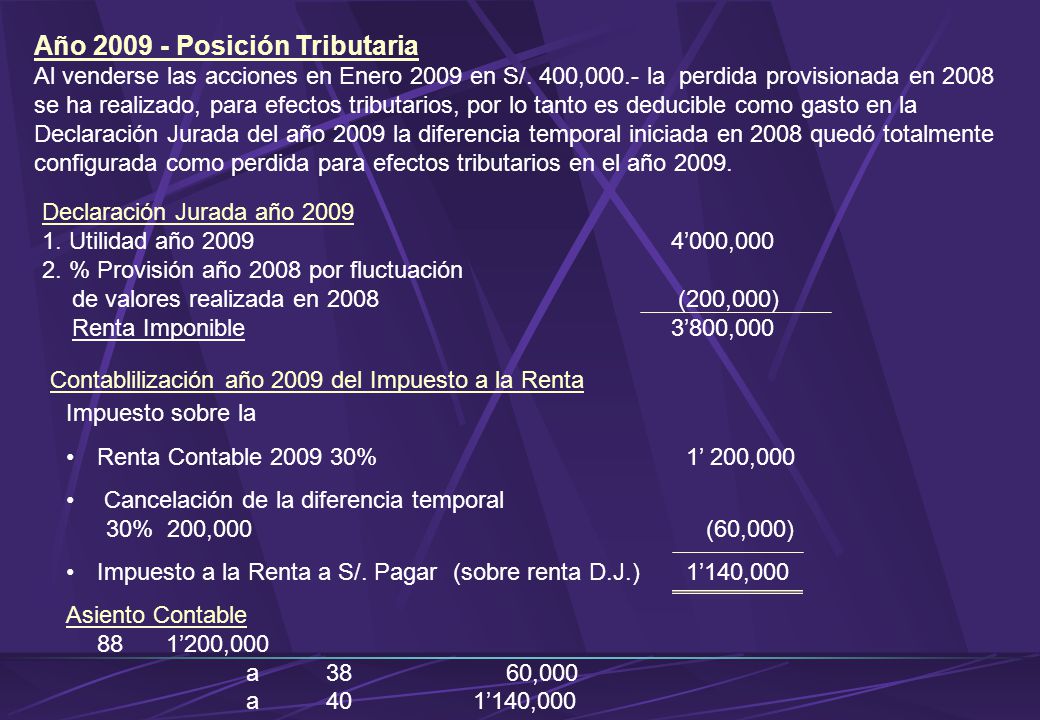 Año Posición Tributaria Al venderse las acciones en Enero 2009 en S/. 400,000.- la perdida provisionada en 2008 se ha realizado, para efectos tributarios, por lo tanto es deducible como gasto en la Declaración Jurada del año 2009 la diferencia temporal iniciada en 2008 quedó totalmente configurada como perdida para efectos tributarios en el año 2009.