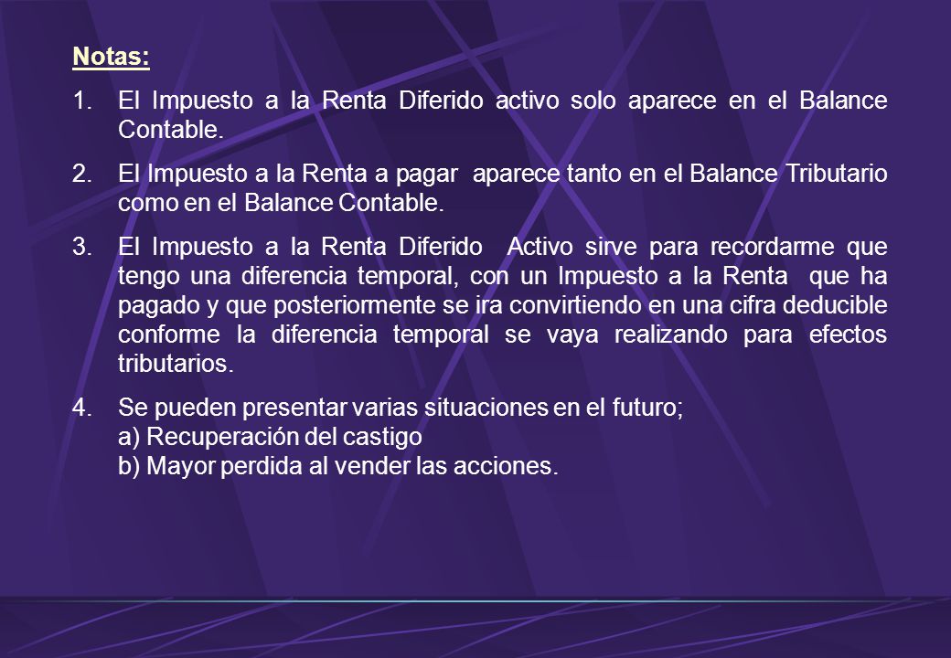 Notas: El Impuesto a la Renta Diferido activo solo aparece en el Balance Contable.