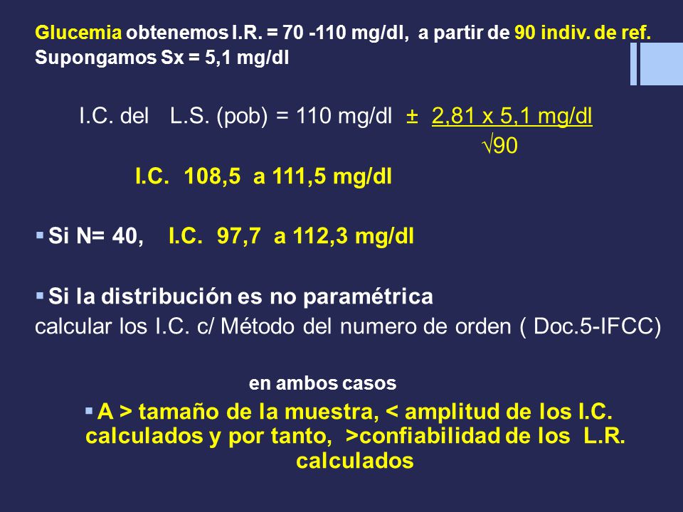 I.C. del L.S. (pob) = 110 mg/dl ± 2,81 x 5,1 mg/dl √90