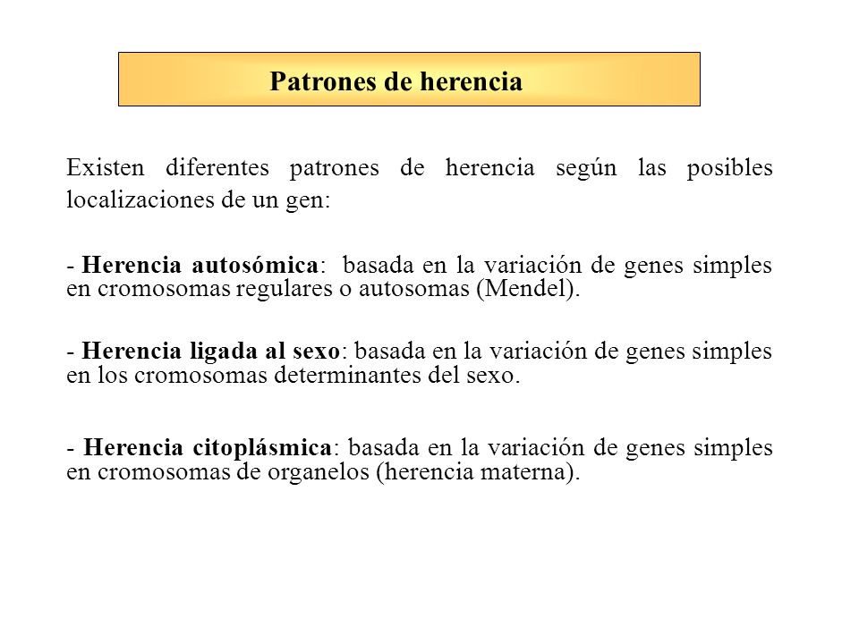 Patrones de herencia Existen diferentes patrones de herencia según las posibles localizaciones de un gen: