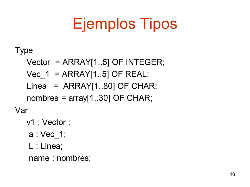 Ejemplos Tipos Type Vector = ARRAY[1..5] OF INTEGER;