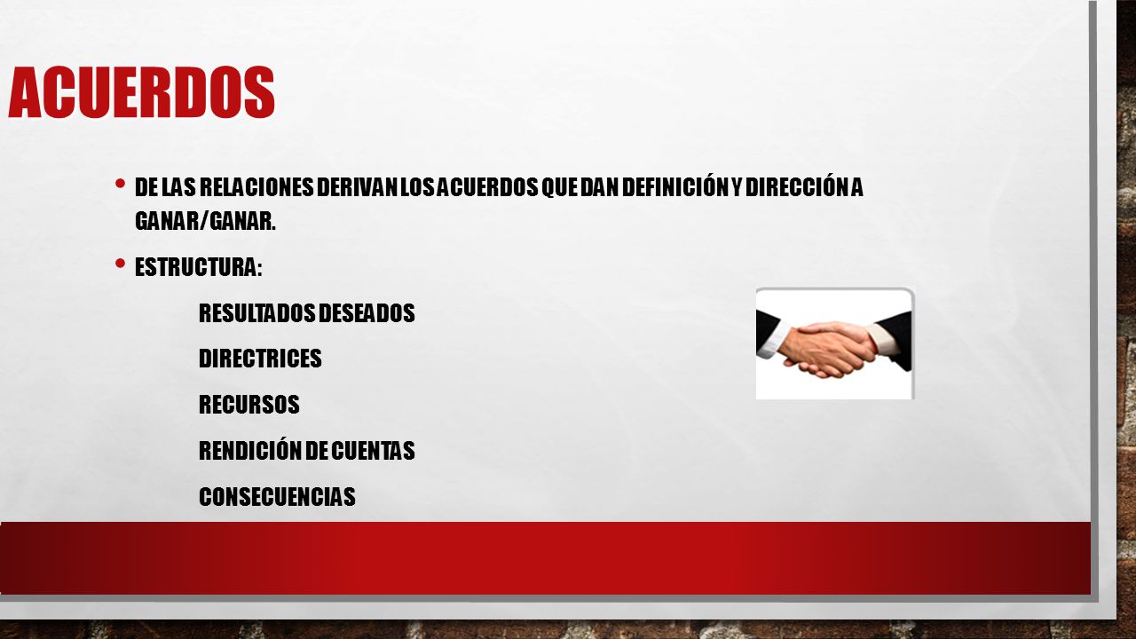 Acuerdos De las relaciones derivan los acuerdos que dan definición y dirección a ganar/ganar. Estructura: