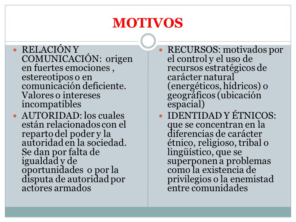 MOTIVOS RELACIÓN Y COMUNICACIÓN: origen en fuertes emociones , estereotipos o en comunicación deficiente. Valores o intereses incompatibles.
