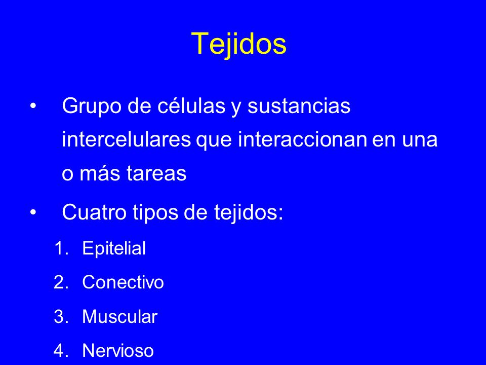 Tejidos Grupo de células y sustancias intercelulares que interaccionan en una o más tareas. Cuatro tipos de tejidos: