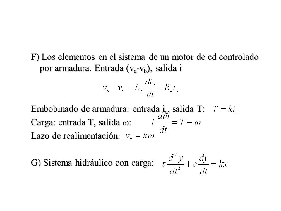 F) Los elementos en el sistema de un motor de cd controlado por armadura. Entrada (va-vb), salida i