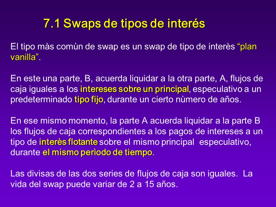 7.1 Swaps de tipos de interés El tipo màs comùn de swap es un swap de tipo de interès plan vanilla .