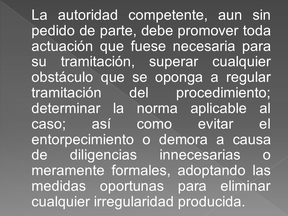 La autoridad competente, aun sin pedido de parte, debe promover toda actuación que fuese necesaria para su tramitación, superar cualquier obstáculo que se oponga a regular tramitación del procedimiento; determinar la norma aplicable al caso; así como evitar el entorpecimiento o demora a causa de diligencias innecesarias o meramente formales, adoptando las medidas oportunas para eliminar cualquier irregularidad producida.