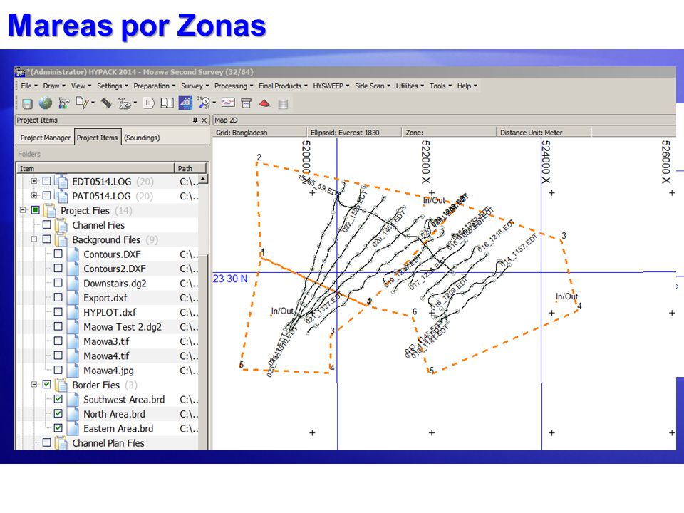 Mareas por Zonas Un archivo de Borde (*.BRD) es usado para describir cada zona. El usuario puede luego calcular los valores de marea al: