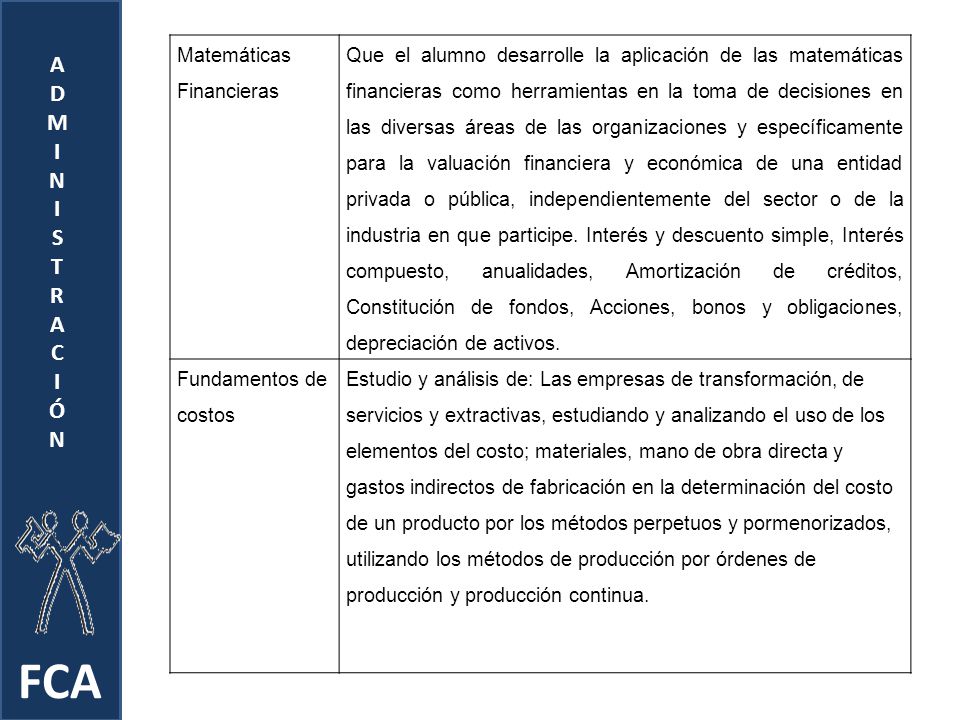 FCA A D M I N S T R C Ó Matemáticas Financieras